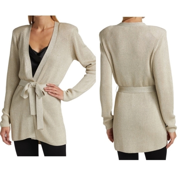 New L’AGENCE Rhea Tie Knit Long Line Metallic Gold Cardigan NWT Size Large - Picture 7 of 15